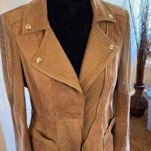 Suede jacket with gold buttons and zipper. A very slimming jacket.
